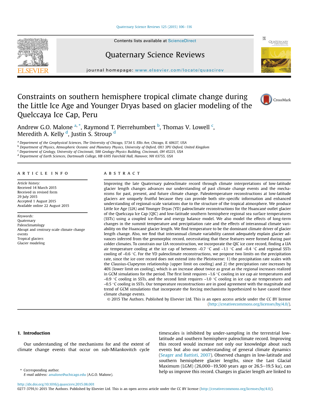 Constraints on Southern Hemisphere Tropical Climate Change During the Little Ice Age and Younger Dryas Based on Glacier Modeling of the Quelccaya Ice Cap, Peru