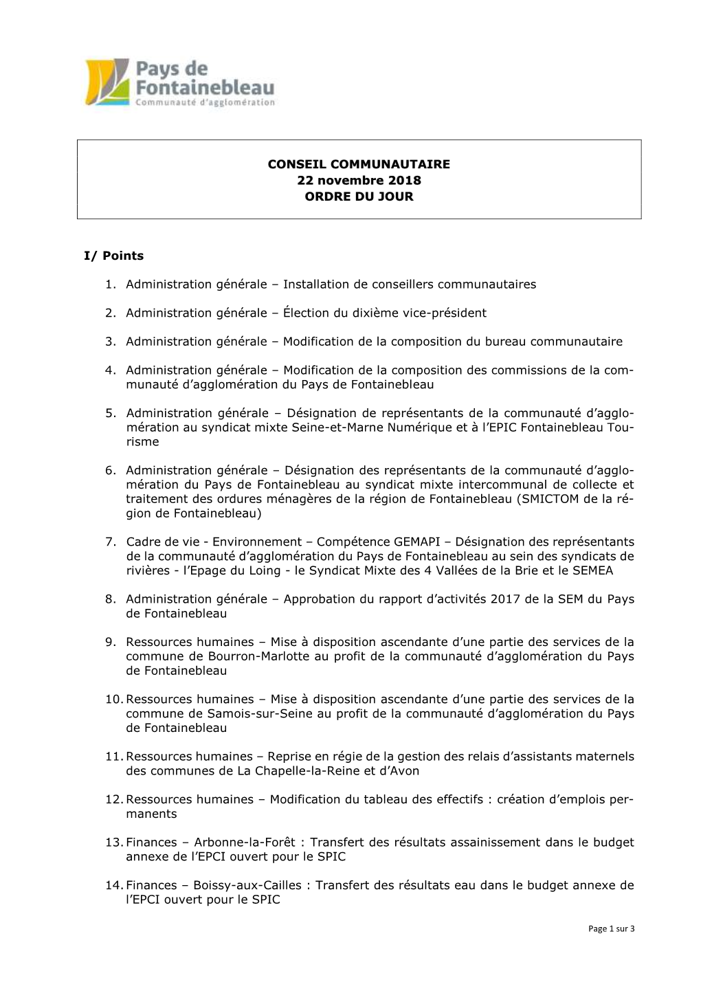 CONSEIL COMMUNAUTAIRE 22 Novembre 2018 ORDRE DU JOUR