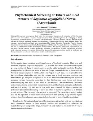 Phytochemical Screening of Tubers and Leaf Extracts of Sagittaria Sagittifolial.:Newsa (Arrowhead)