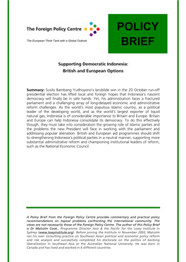 Supporting Democratic Indonesia: British and European Options