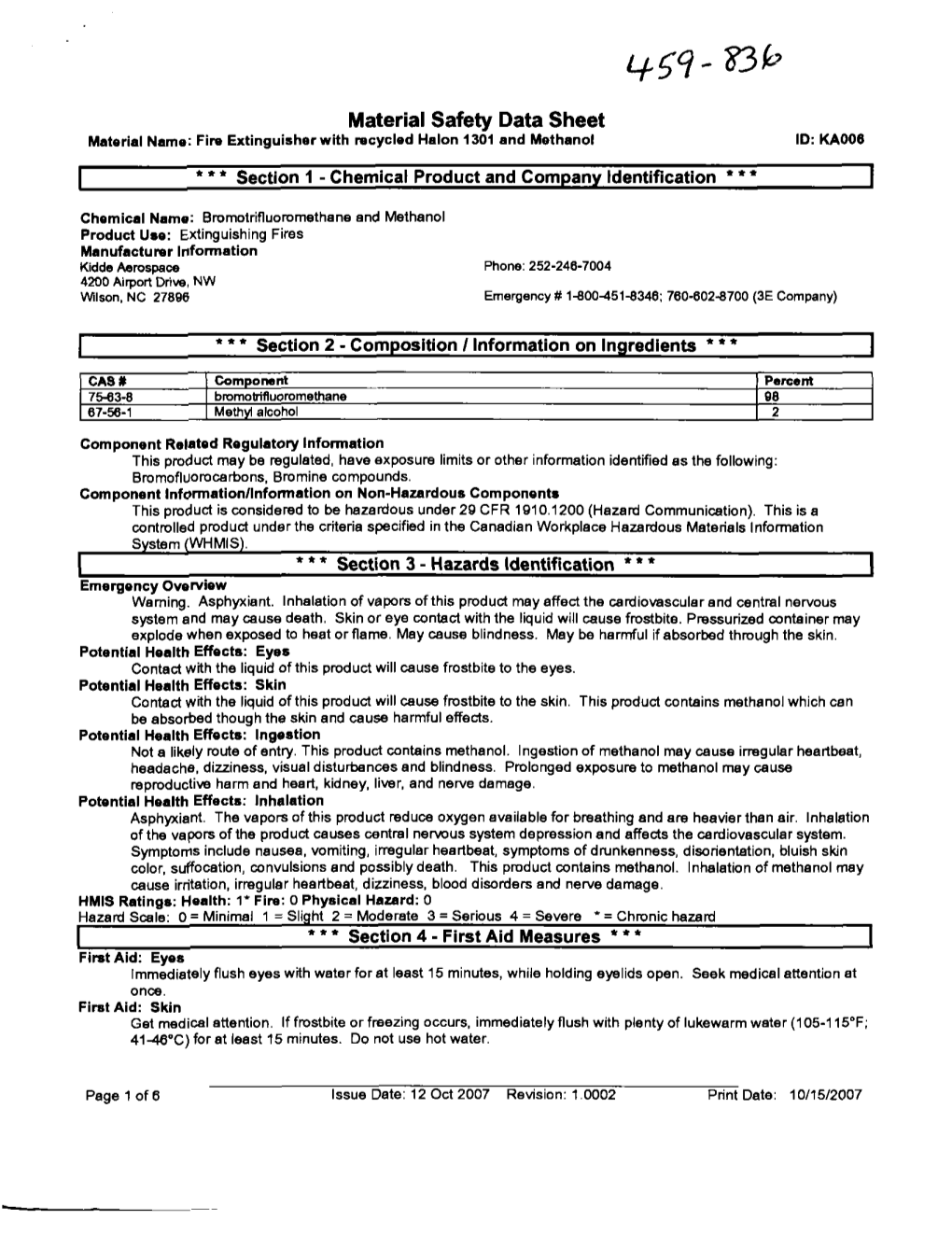 Safety Data Sheet Material Name: Fire Extinguisher with Recycled Halon