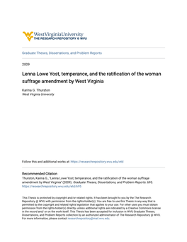 Lenna Lowe Yost, Temperance, and the Ratification of the Woman Suffrage Amendment by West Virginia