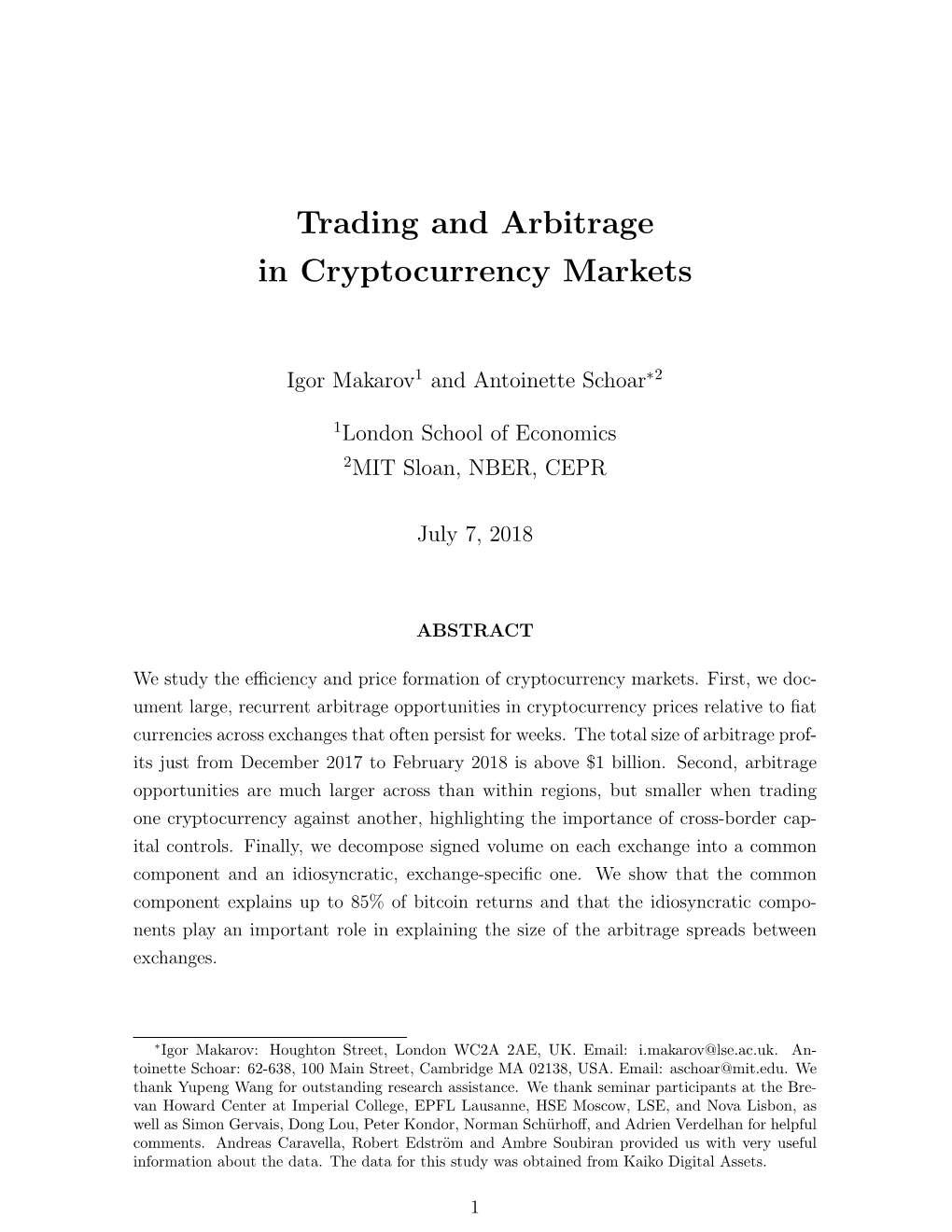 Trading and Arbitrage in Cryptocurrency Markets