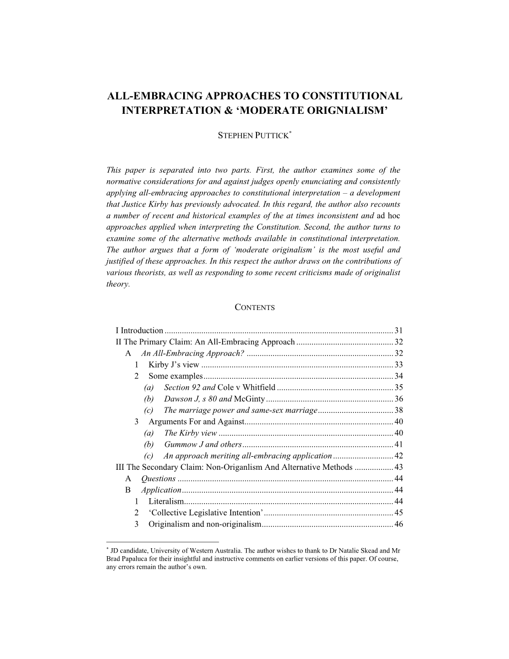 All-Embracing Approaches to Constitutional Interpretation & ‘Moderate Orignialism’