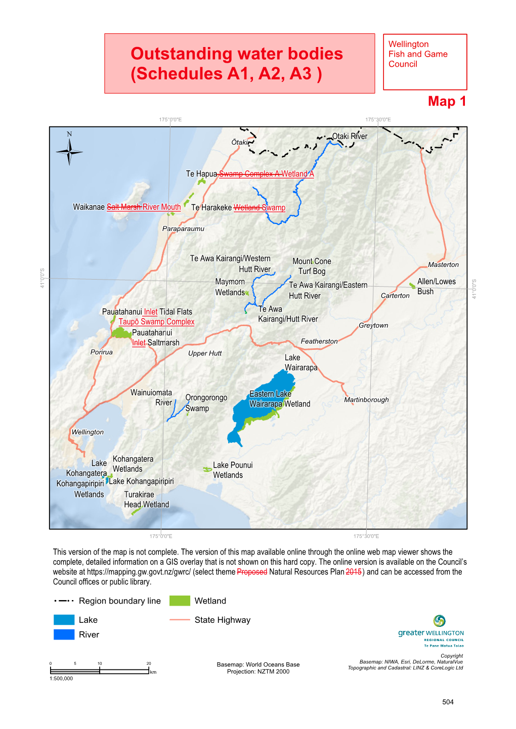 Wellington Outstanding Water Bodies Fish and Game Council (Schedules A1, A2, A3 ) Map 1