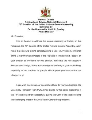 General Debate Trinidad and Tobago National Statement 75Th Session of the United Nations General Assembly Delivered by Dr