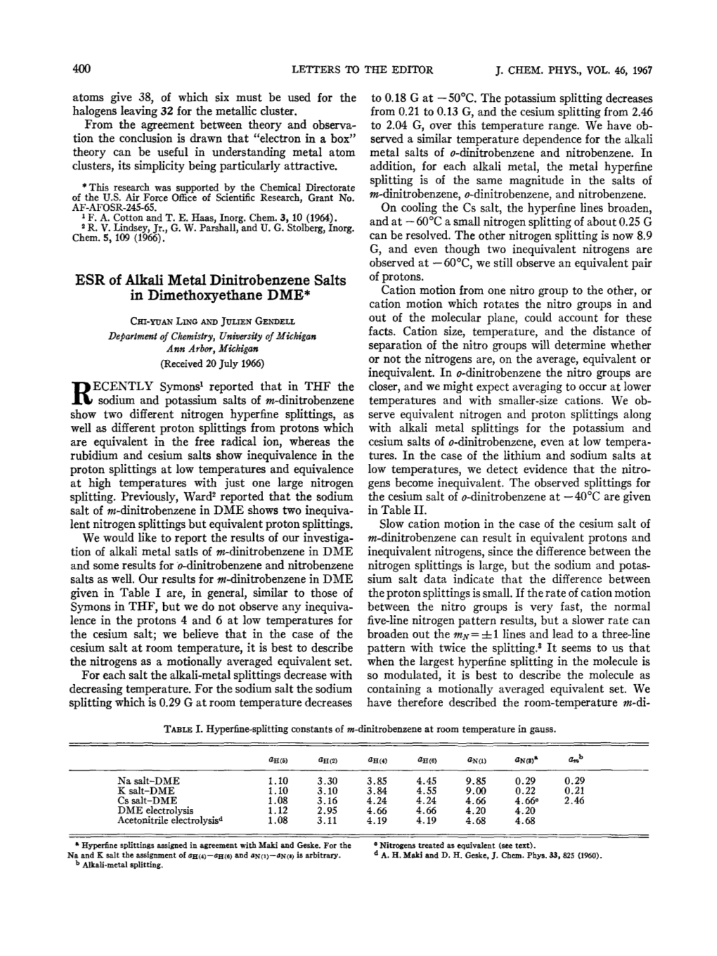 ESR of Alkali Metal Dinitrobenzene Salts in Dimethoxyetbane DME*