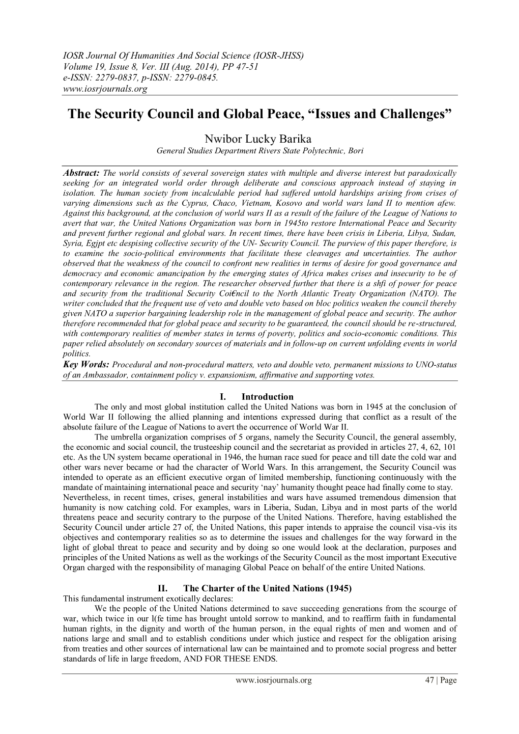 The Security Council and Global Peace, “Issues and Challenges”