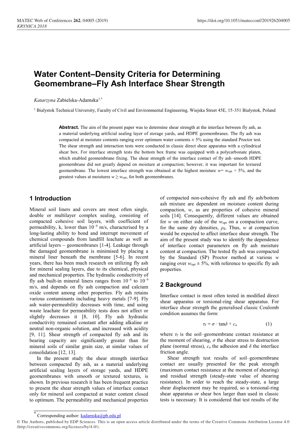 Water Content–Density Criteria for Determining Geomembrane–Fly Ash Interface Shear Strength