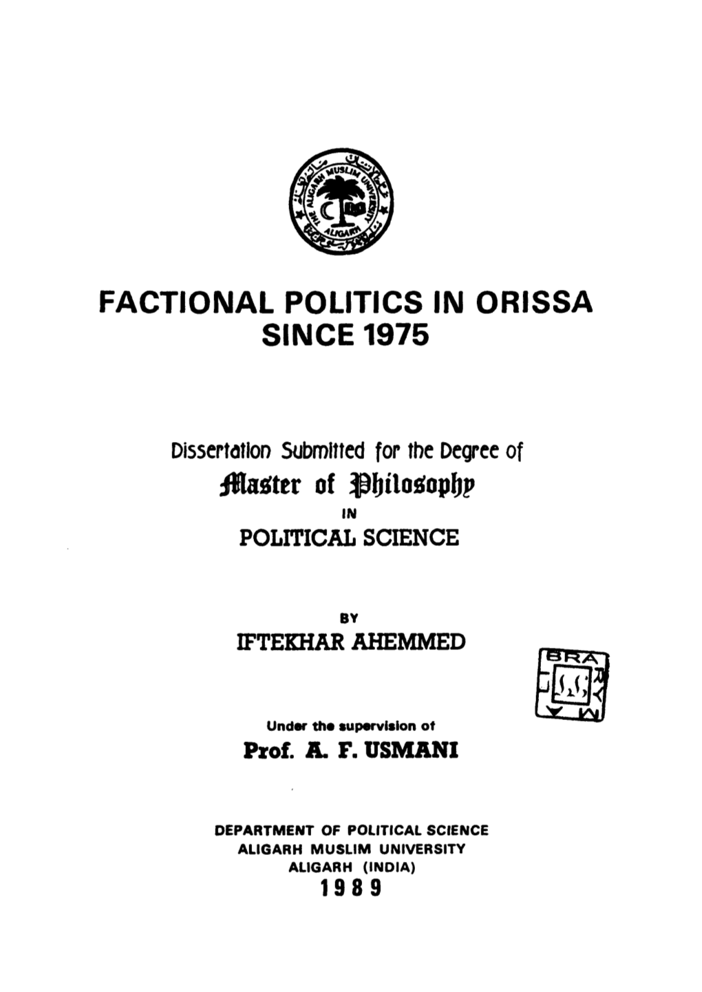 Factional Politics in Orissa Since 1975