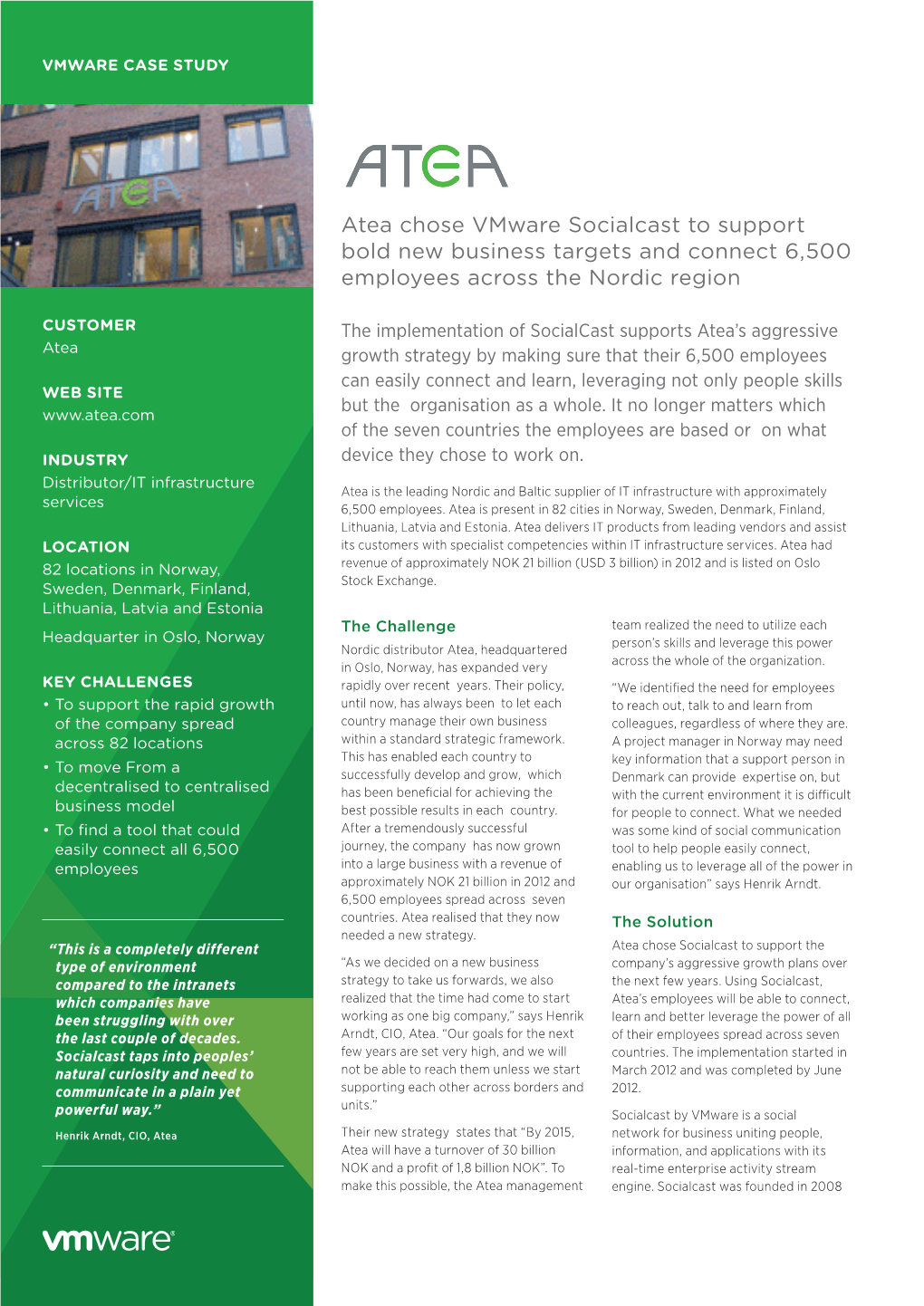 Atea Chose Vmware Socialcast to Support Bold New Business Targets and Connect 6,500 Employees Across the Nordic Region