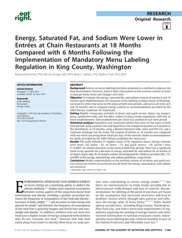 Energy, Saturated Fat, and Sodium Were Lower in Entrées at Chain