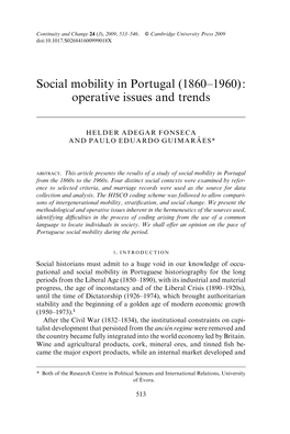 Social Mobility in Portugal (1860–1960): Operative Issues and Trends