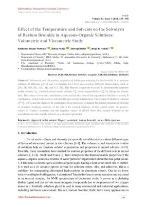 Effect of the Temperature and Solvents on the Solvolysis of Barium Bromide in Aqueous-Organic Solutions: Volumetric and Viscometric Study