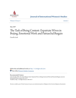 The Task of Being Content: Expatriate Wives in Beijing, Emotional Work and Patriarchal Bargain