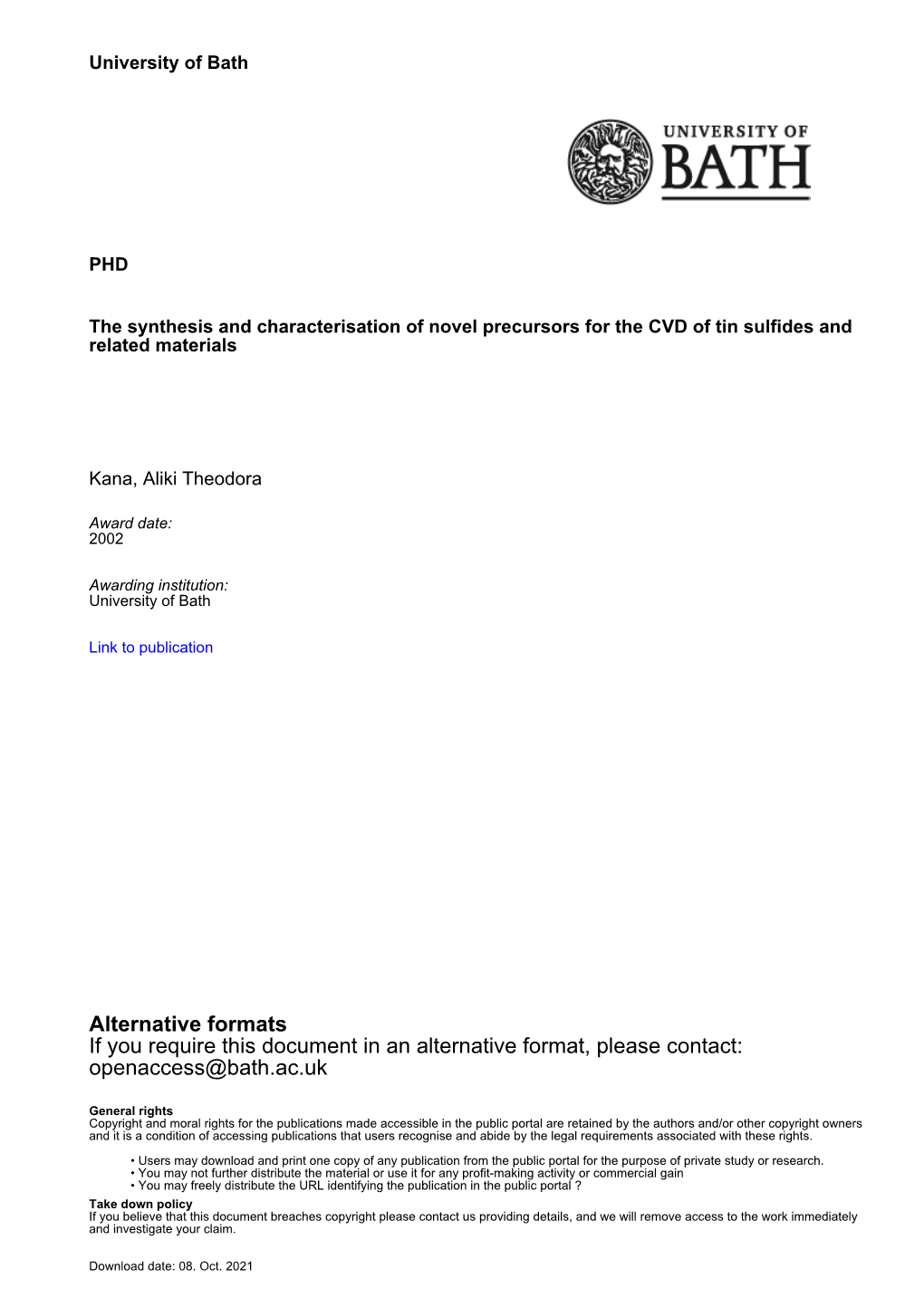 Thesis and Characterisation of Novel Precursors for the CVD of Tin Sulfides and Related Materials