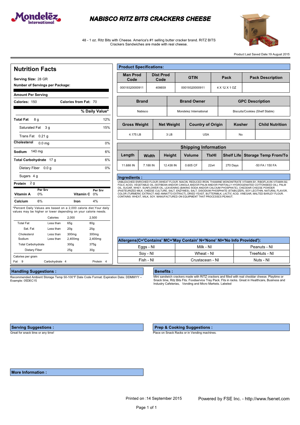 NABISCO RITZ BITS CRACKERS CHEESE Nutrition Facts