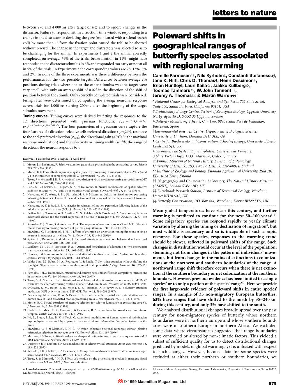 Poleward Shifts in Geographical Ranges of Butterfly Species Associated with Regional Warming