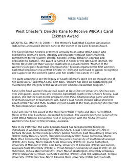 West Chester's Deirdre Kane to Receive WBCA's Carol Eckman Award