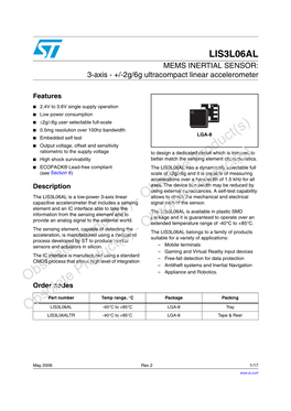 MEMS INERTIAL SENSOR: 3-Axis - +/-2G/6G Ultracompact Linear Accelerometer