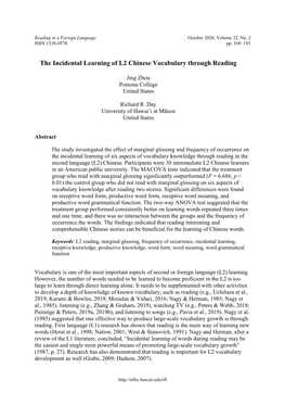The Incidental Learning of L2 Chinese Vocabulary Through Reading