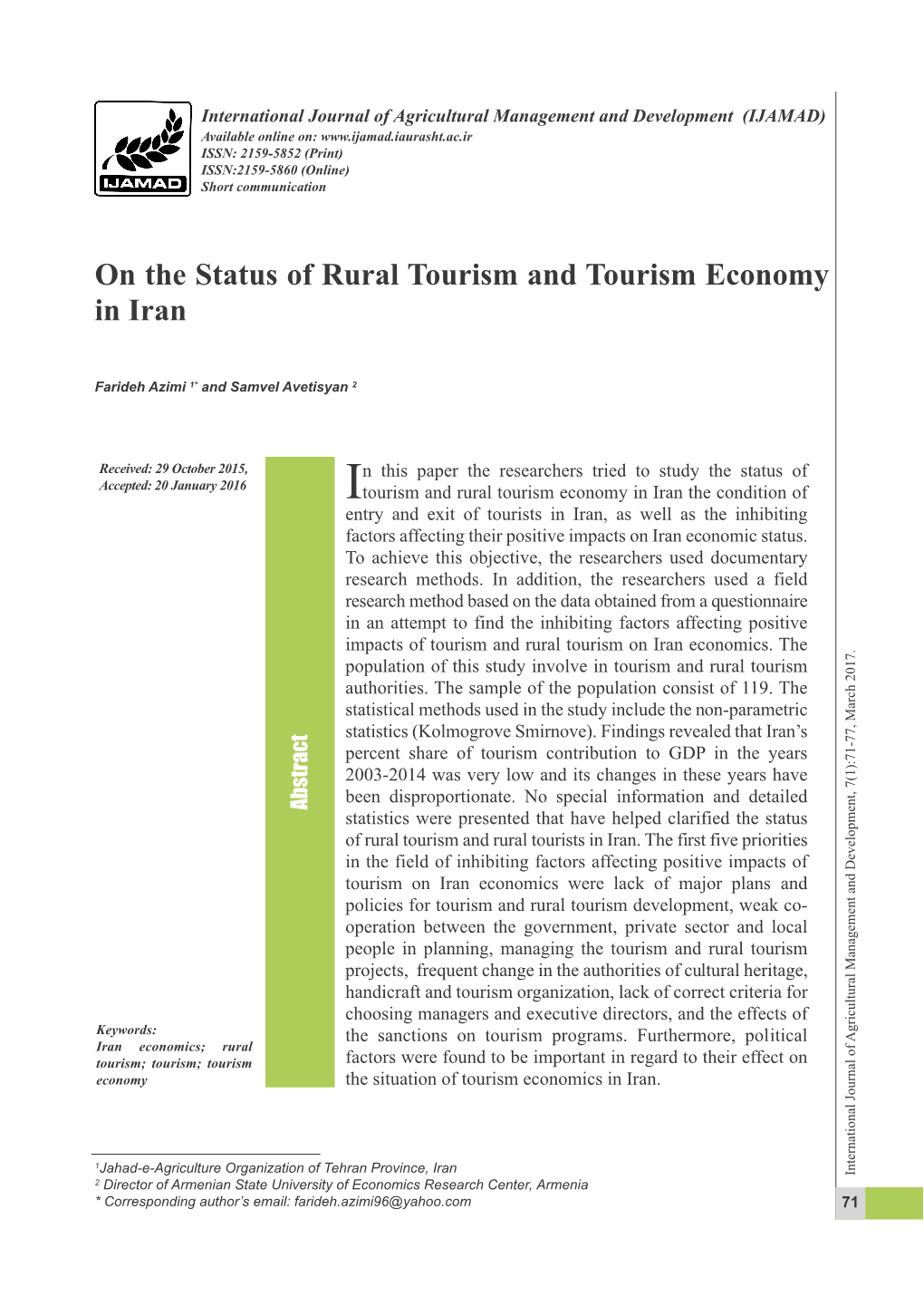 On the Status of Rural Tourism and Tourism Economy in Iran