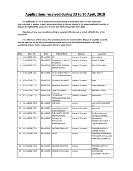 Applications Received During 23 to 30 April, 2018