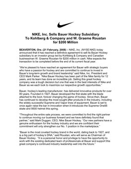 NIKE, Inc. Sells Bauer Hockey Subsidiary to Kohlberg & Company