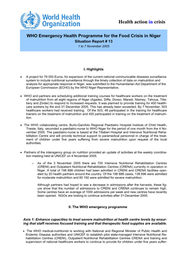 WHO Emergency Health Programme for the Food Crisis in Niger Situation Report # 13 1 to 7 November 2005
