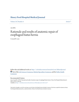 Rationale and Results of Anatomic Repair of Esophageal Hiatus Hernia Conrad R