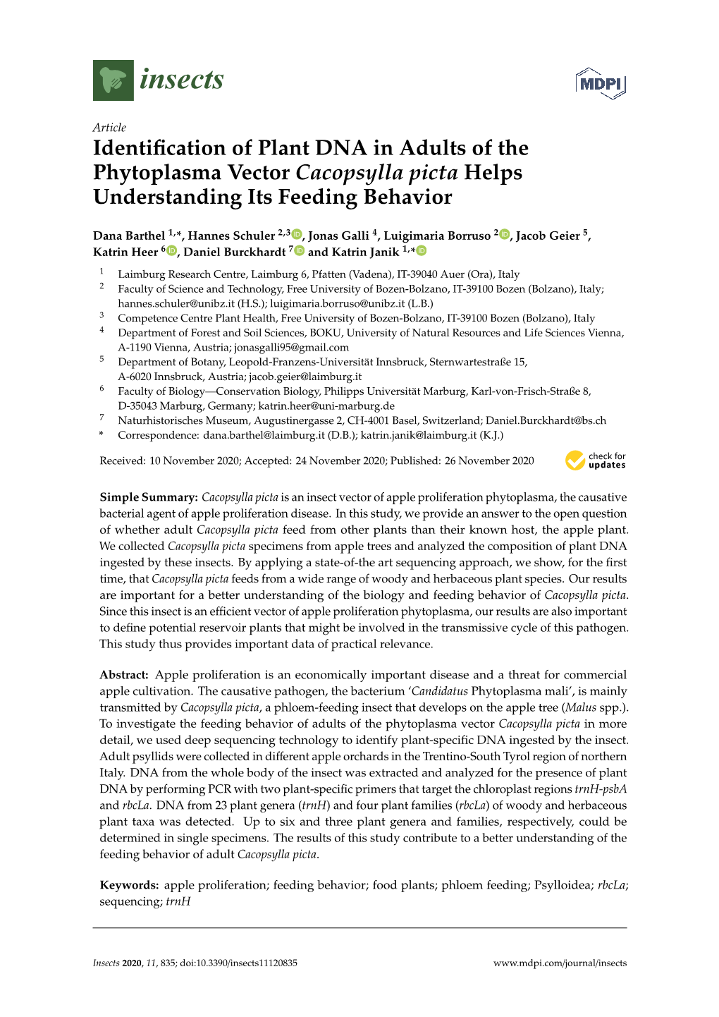 Identification of Plant DNA in Adults of the Phytoplasma Vector Cacopsylla