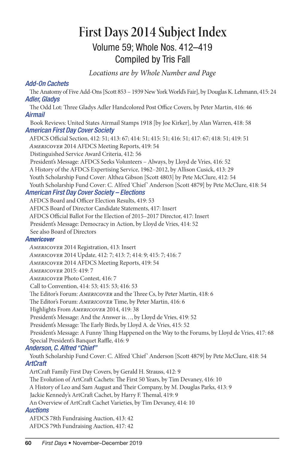 First Days 2014 Subject Index Volume 59; Whole Nos