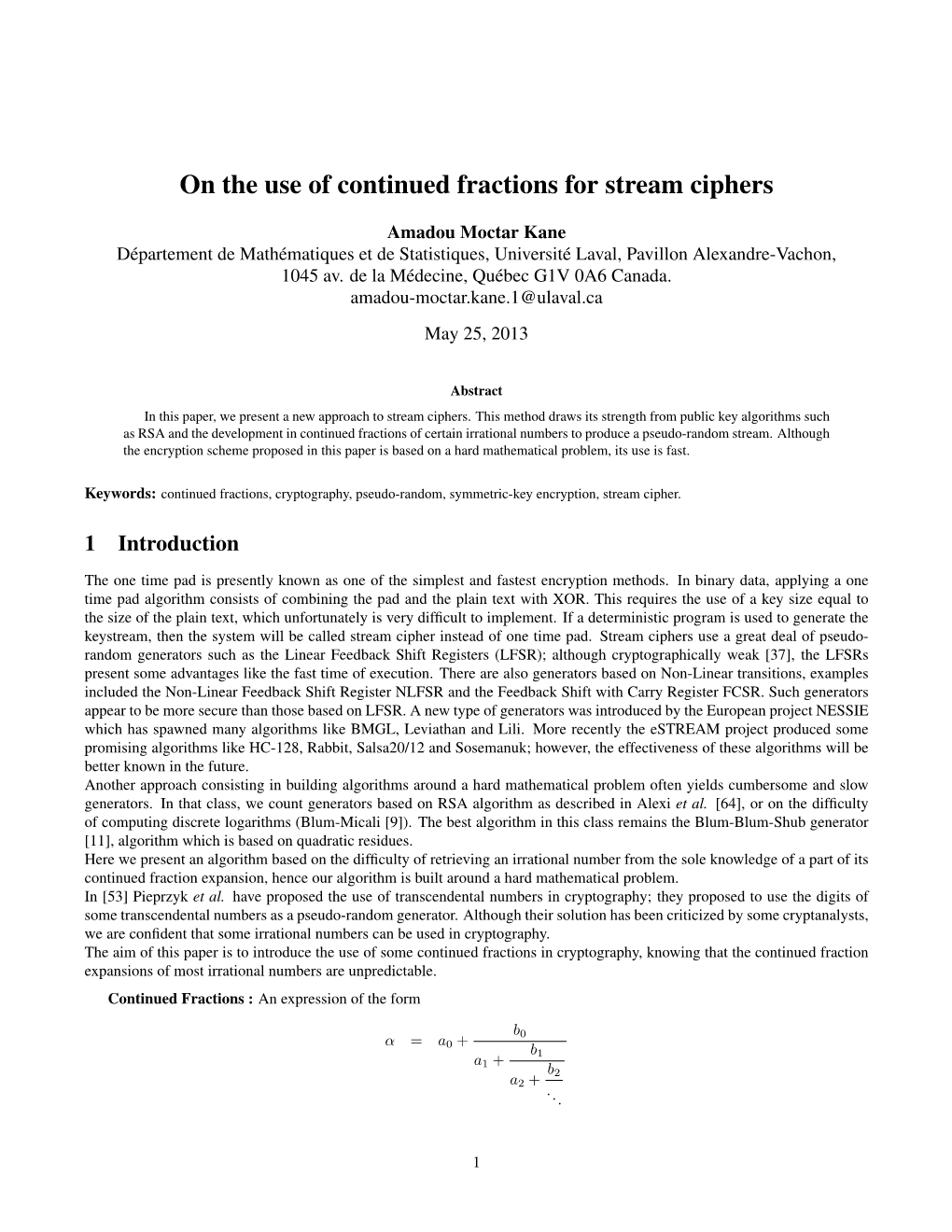 On the Use of Continued Fractions for Stream Ciphers