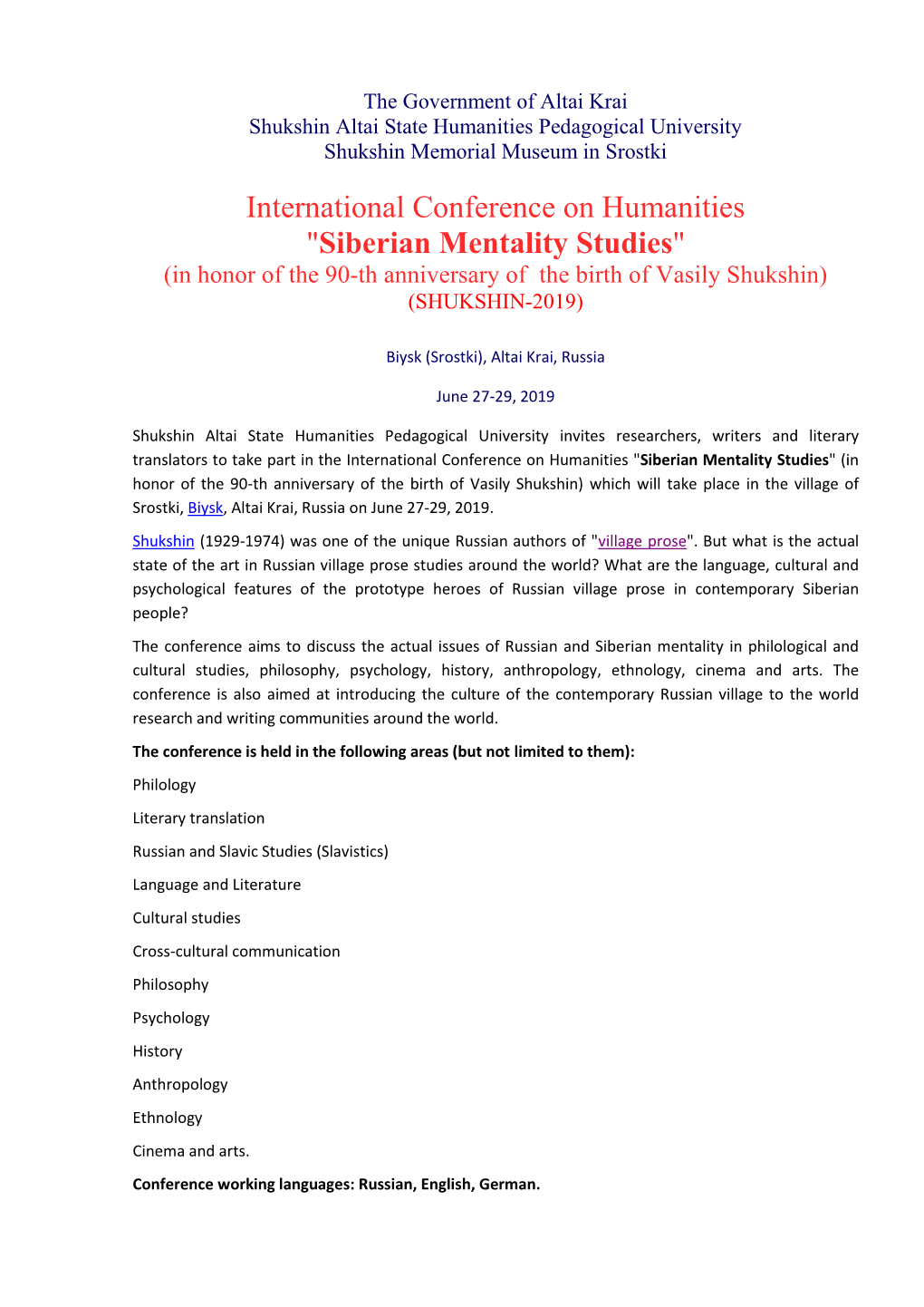 Siberian Mentality Studies" (In Honor of the 90-Th Anniversary of the Birth of Vasily Shukshin) (SHUKSHIN-2019)