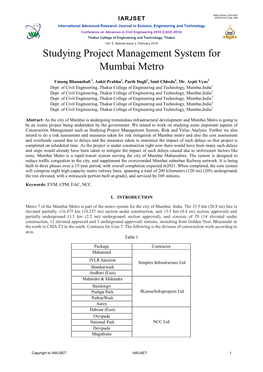 Studying Project Management System for Mumbai Metro