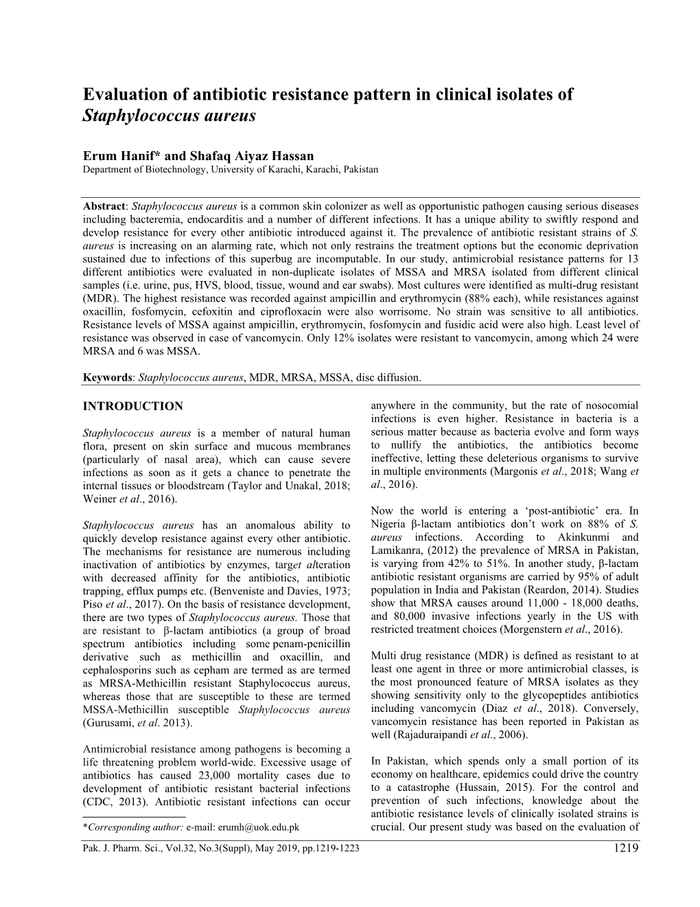 Evaluation of Antibiotic Resistance Pattern in Clinical Isolates of Staphylococcus Aureus