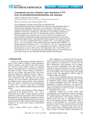 Atmospheric Pressure Chemical Vapor Deposition of Tin from Tetrakis(Dimethylamido)Titanium and Ammonia Joshua N