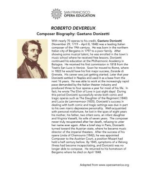 ROBERTO DEVEREUX Composer Biography: Gaetano Donizetti