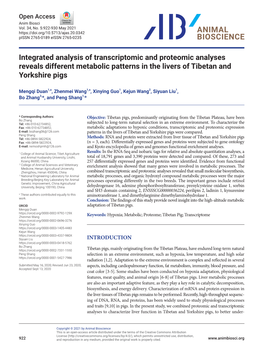 Integrated Analysis of Transcriptomic and Proteomic Analyses Reveals Different Metabolic Patterns in the Livers of Tibetan and Yorkshire Pigs