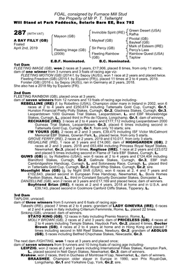 FOAL, Consigned by Furnace Mill Stud the Property of Mr P. T. Tellwright Will Stand at Park Paddocks, Solario Barn EE, Box 792