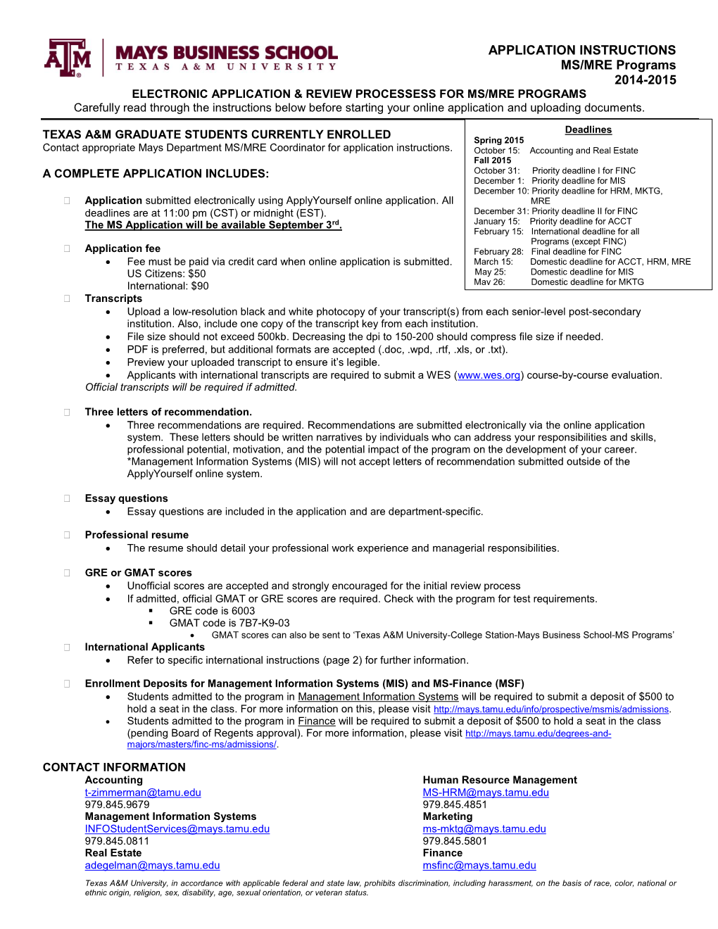 Mays Business School-MS Programs’  International Applicants  Refer to Specific International Instructions (Page 2) for Further Information