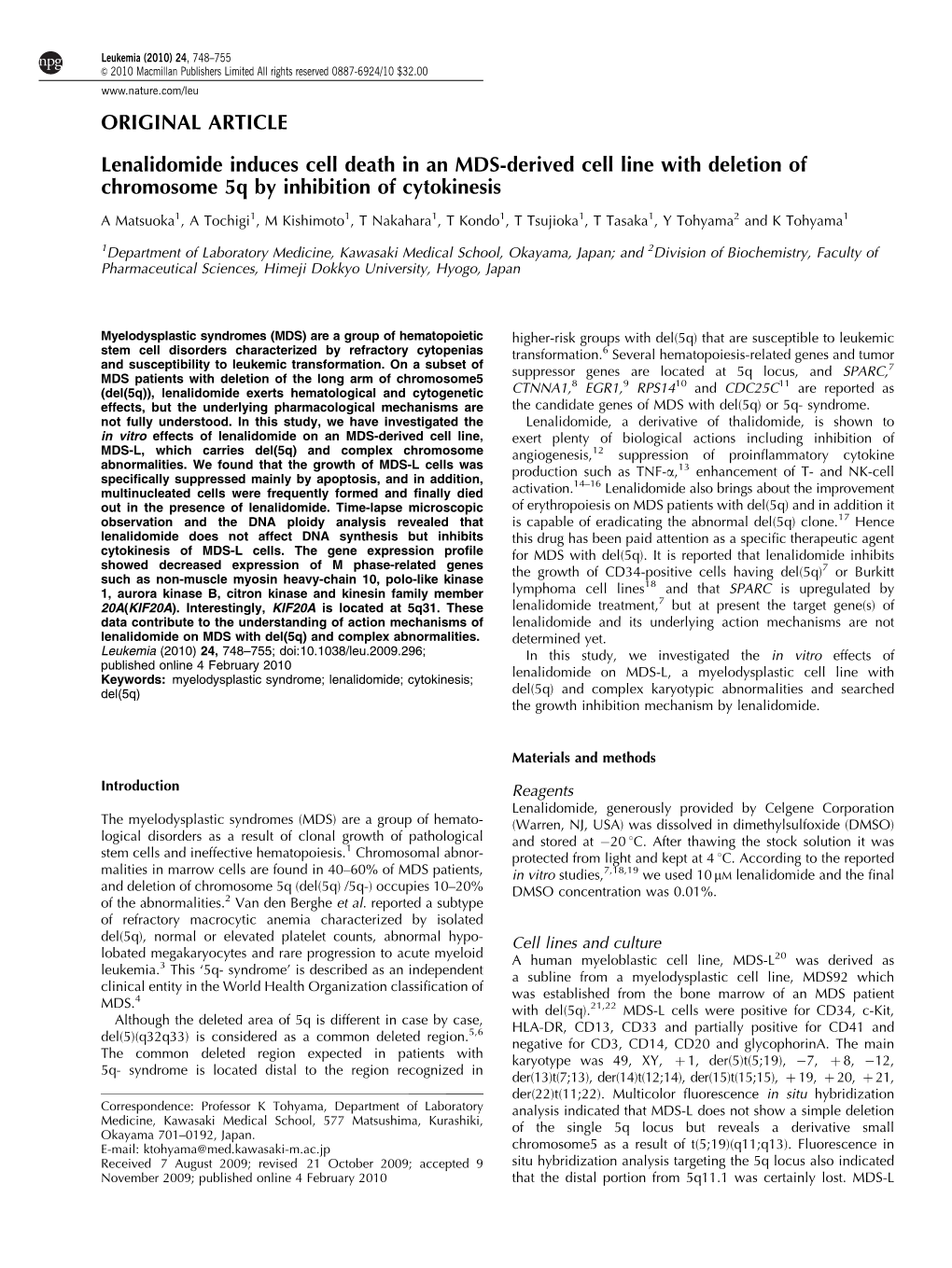 Lenalidomide Induces Cell Death in an MDS-Derived Cell Line with Deletion of Chromosome 5Q by Inhibition of Cytokinesis