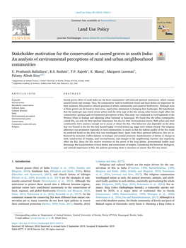 Stakeholder Motivation for the Conservation of Sacred Groves in South India: an Analysis of Environmental Perceptions of Rural and Urban Neighbourhood T Communities