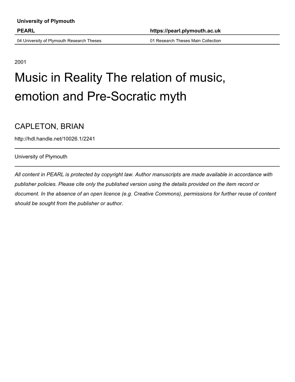 Music in Reality the Relation of Music, Emotion and Pre-Socratic Myth