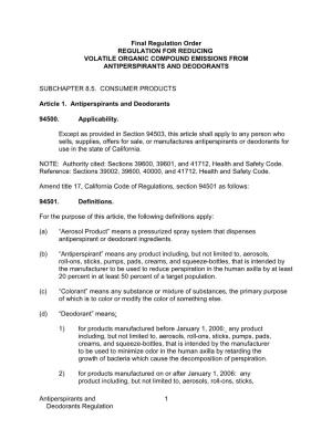 Antiperspirants and Deodorants Regulation 1 Final Regulation Order REGULATION for REDUCING VOLATILE ORGANIC COMPOUND EMISSIONS F
