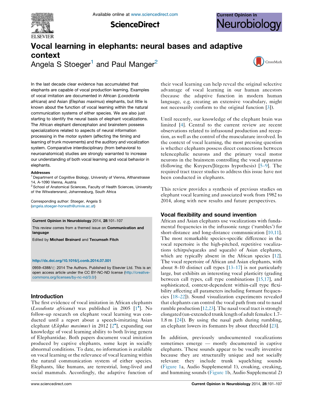 Vocal Learning in Elephants: Neural Bases and Adaptive Context