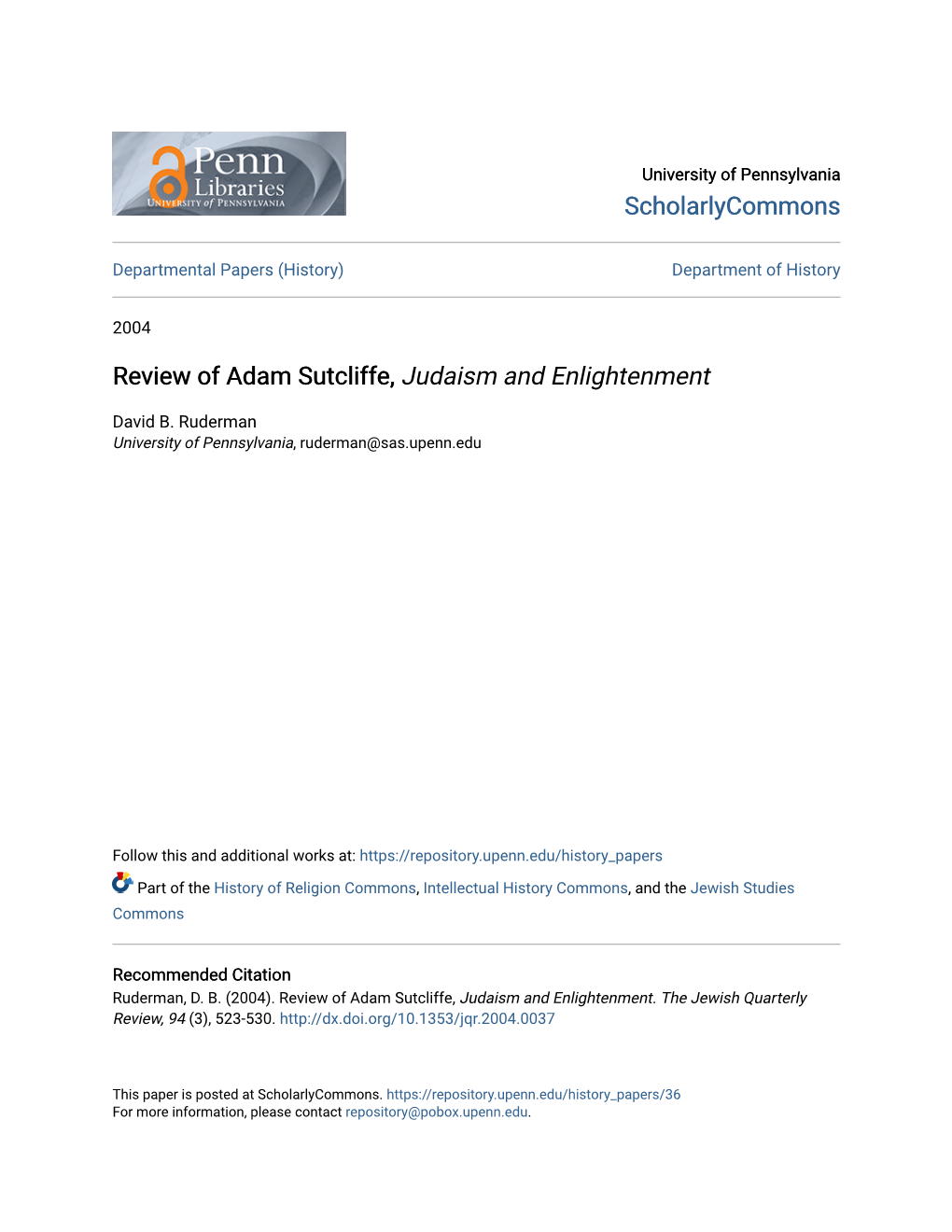 Review of Adam Sutcliffe, Judaism and Enlightenment