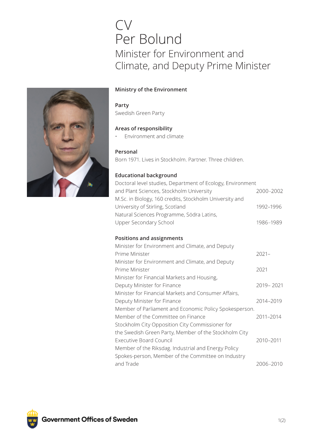 CV Per Bolund Minister for Environment and Climate, and Deputy Prime Minister