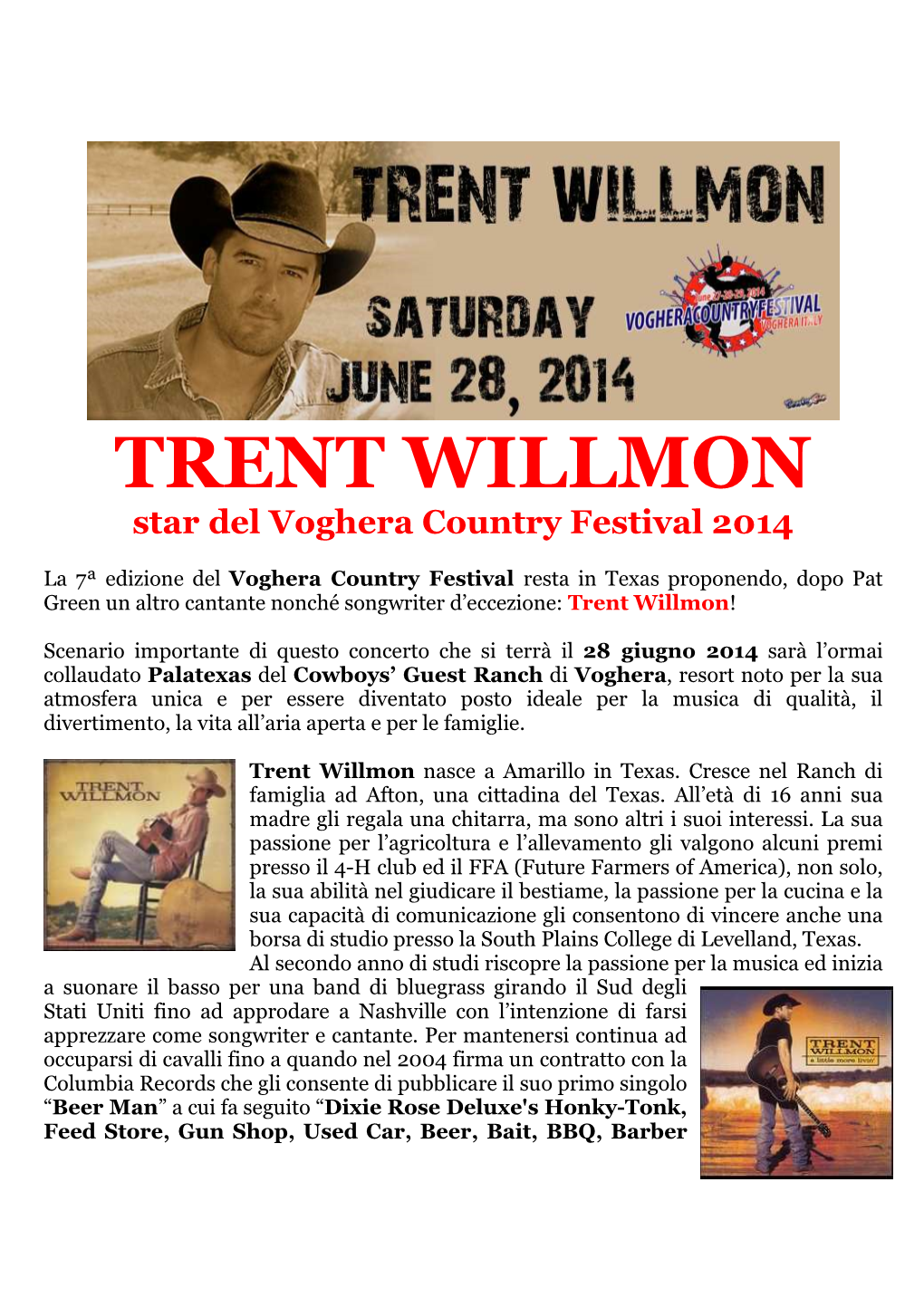 TRENT WILLMON Star Del Voghera Country Festival 2014