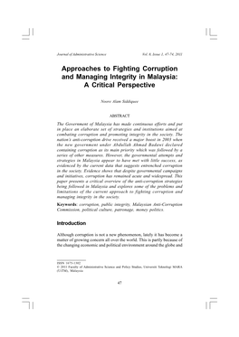 Approaches to Fighting Corruption and Managing Integrity in Malaysia: a Critical Perspective